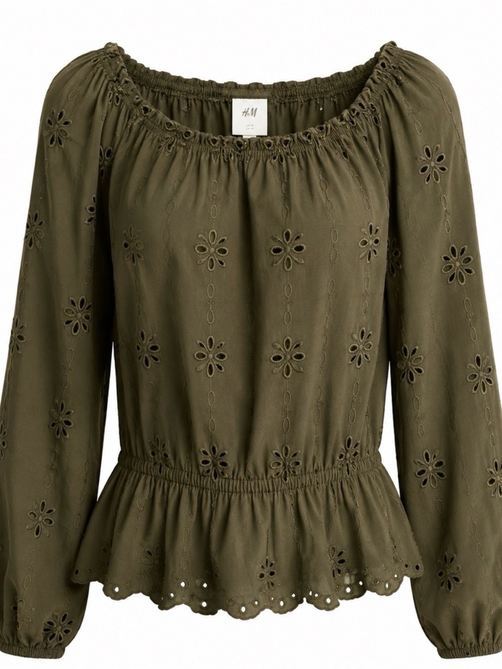 H&M Olive Green Eyelet Off-Shoulder Peasant Blouse